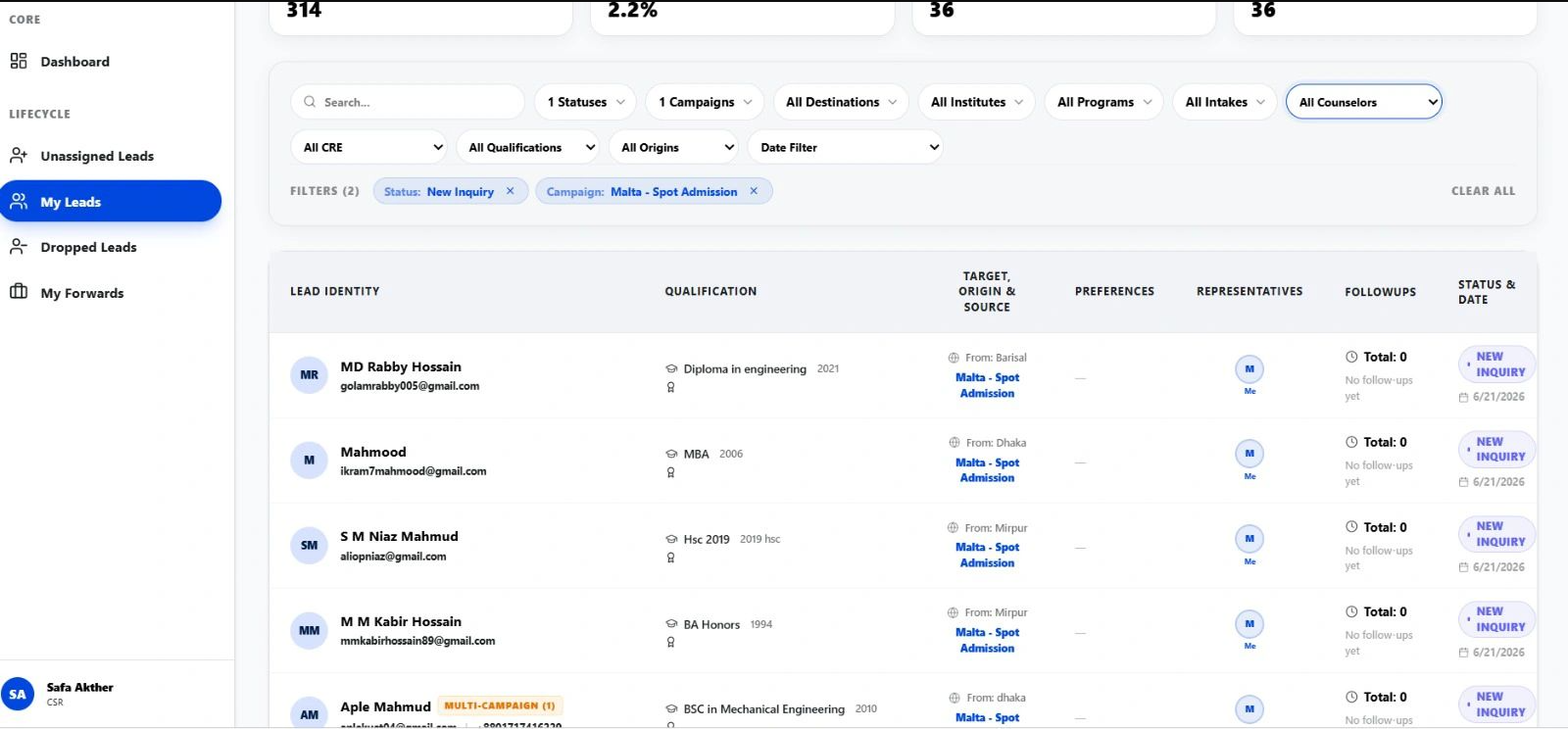CRM lead management view