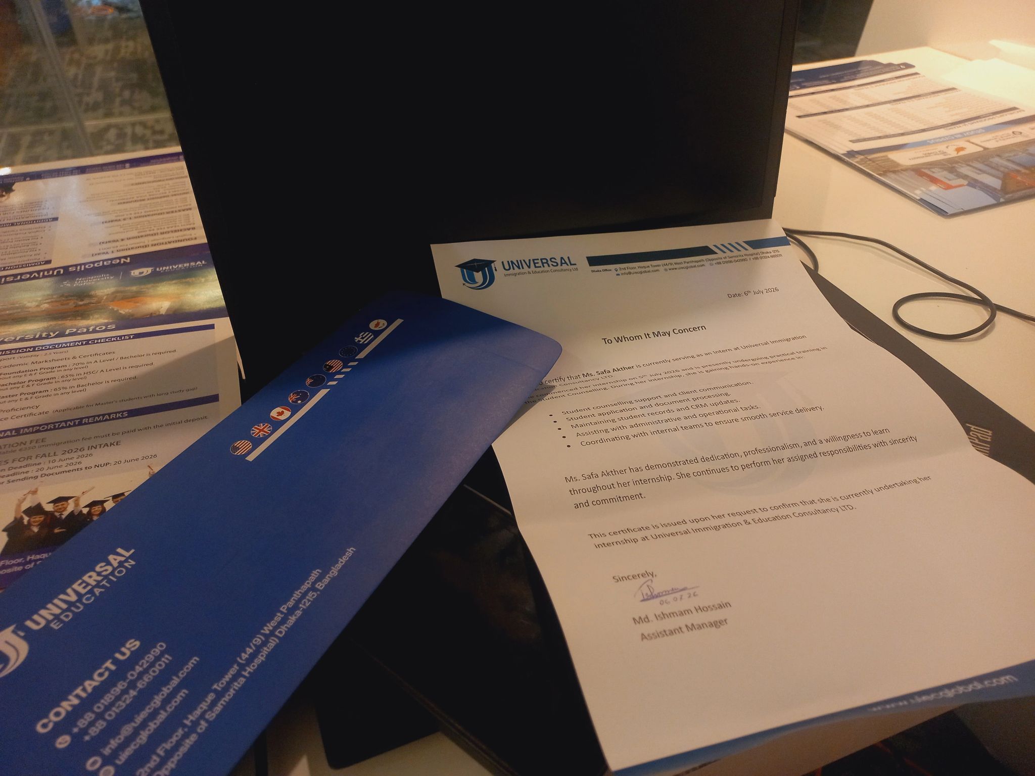 Safa's work documents and internship certificate
